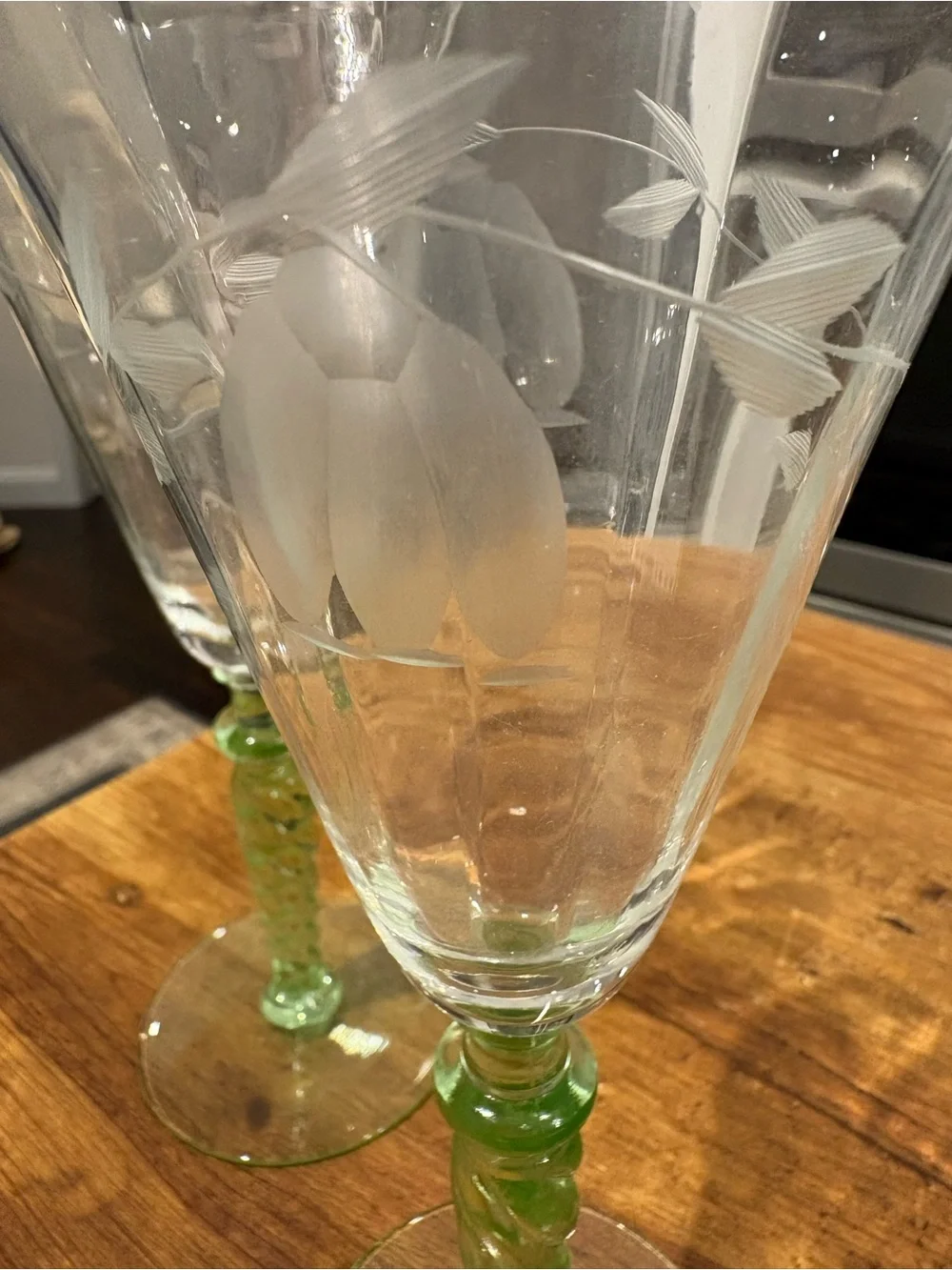 Weston Green Stem Etched Crystal Wine Glasses - Set of 2